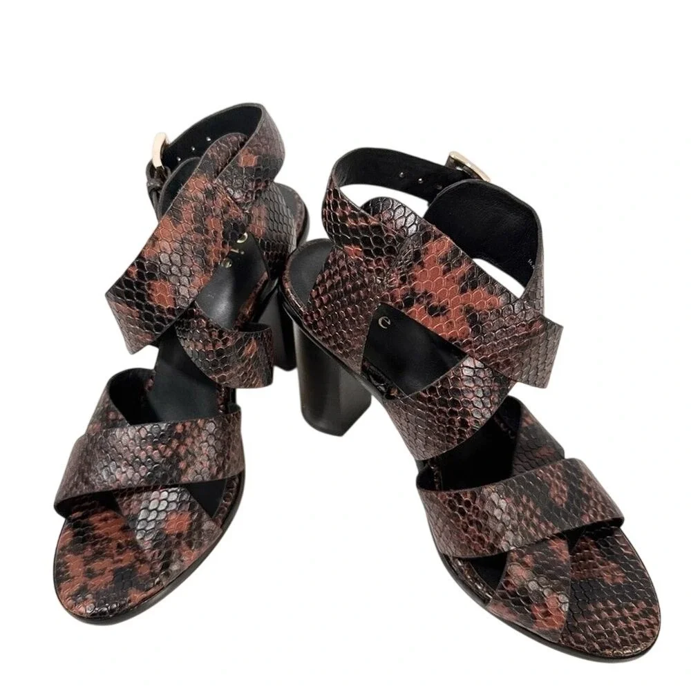 Joie Brown Snakeskin Embossed Strappy Block Heel Sandals Size 36.5 Buckle Ankle